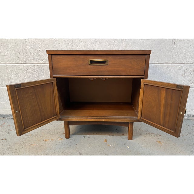 Brown Mid-Century Modern Walnut Cabinet Nightstand With Cane Doors For Sale - Image 8 of 13