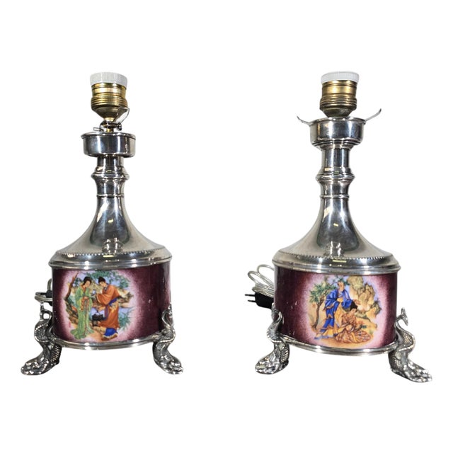 Asian Silver and Enamel Lamps, 1940, Set of 2 For Sale