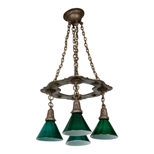 Arts & Crafts Hammered Darkened Metal Chandelier With Green Glass Shades For Sale