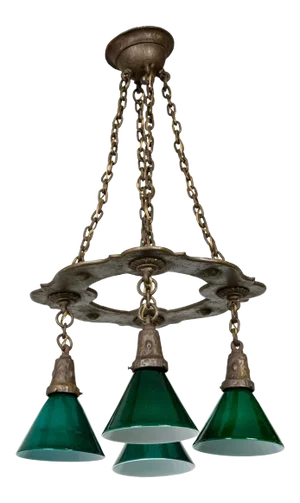 Arts & Crafts Hammered Darkened Metal Chandelier With Green Glass Shades