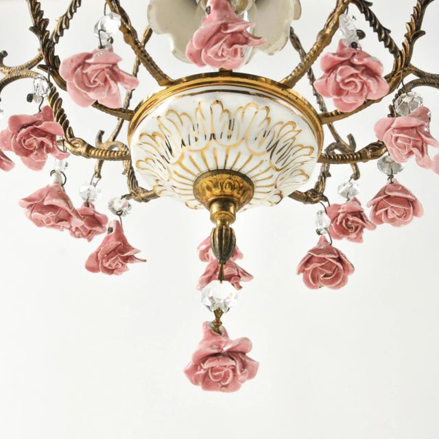 Mid 20th Century Vintage Petite European Brass and Ceramic Rose Chandelier For Sale - Image 5 of 14
