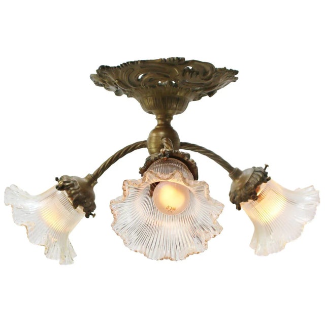 French baroque brass pedant light with 3 bulb holders Clear Holophane glass Diameter base 280 mm / 11 inches Excluding...