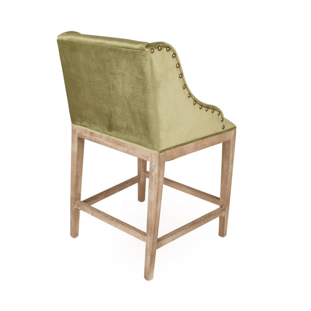 French Country Connor Counter Stool - Olive Green Velvet / Limed Grey Oak Frame For Sale - Image 3 of 4