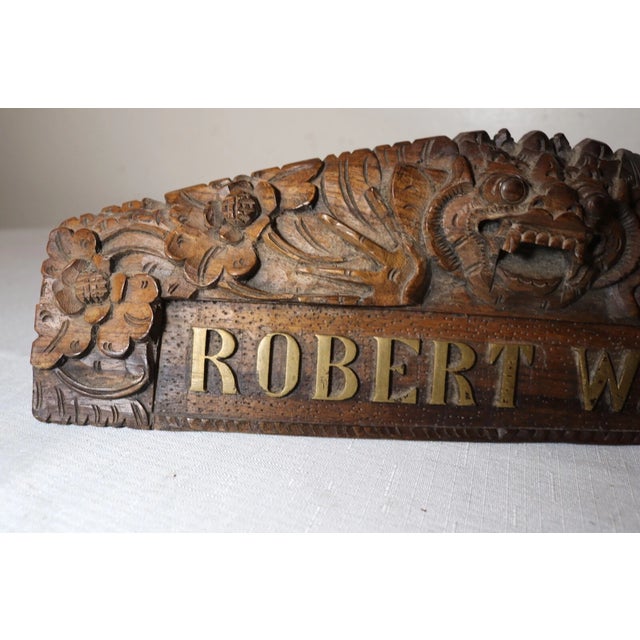 Antique Hand Carved Wood Figural Indonesian Sculpture Desk Name Plate Robert Lee For Sale In New York - Image 6 of 11
