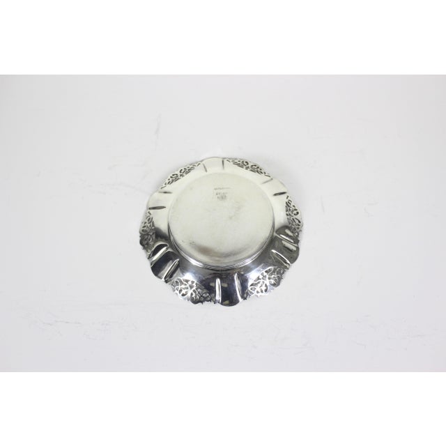 Early 20th Century Vintage Small Silver Wine Bottle Coaster Tray Ruffled Edge, Round Silver Plated Dish With Pierced Cutout Details Trinket Pillar Candleholder For Sale - Image 5 of 8
