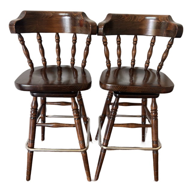 Vintage Ethan Allen Old Tavern Swivel Bar Stools, Model 12-9505 – Pair For Sale