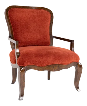 Lucien Rollin for William Switzer Red Upholstered and Burlwood Armchair