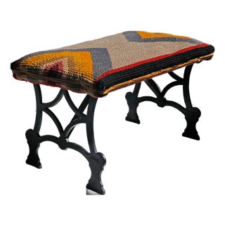 Mid 20th Century Iron Bench With Wool Geometric Design Upholstered Seat For Sale