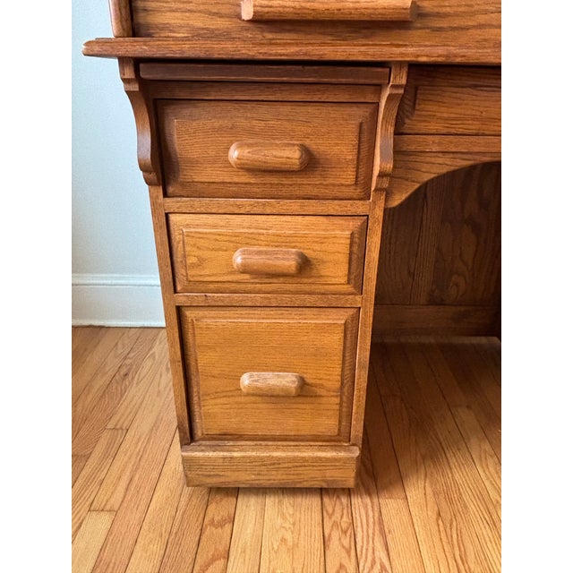 Mid 20th Century Arts & Crafts Raised Panel Oak S Roll Top Desk on Casters For Sale - Image 9 of 12