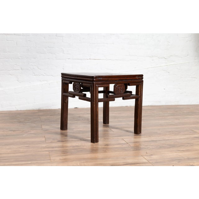 Chinese Vintage Qing Style Side Table with Dark Patina and Carved Medallions For Sale - Image 10 of 13