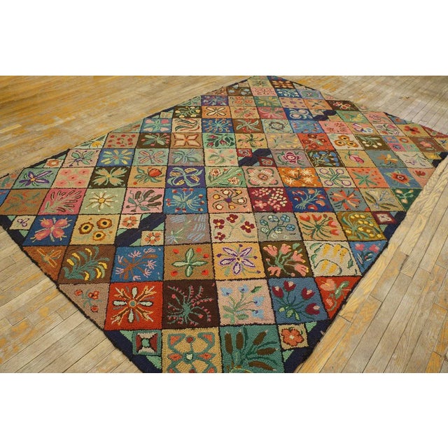 1930s Multi Geometric Folk Art Antique American Hooked Rug 6' X 8'9" Woven Wool Carpet For Sale - Image 12 of 12