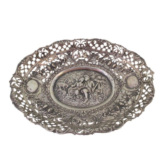 Metal Silver Tray with Relief and Cut-Out Detail of Couple in Country Scene For Sale - Image 7 of 7