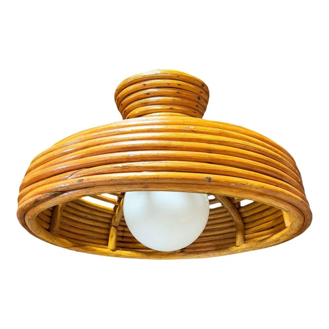 1960s Restored Mid-Century Hanging Rattan Ceiling Lamp Chandiler W/ Center Globe For Sale
