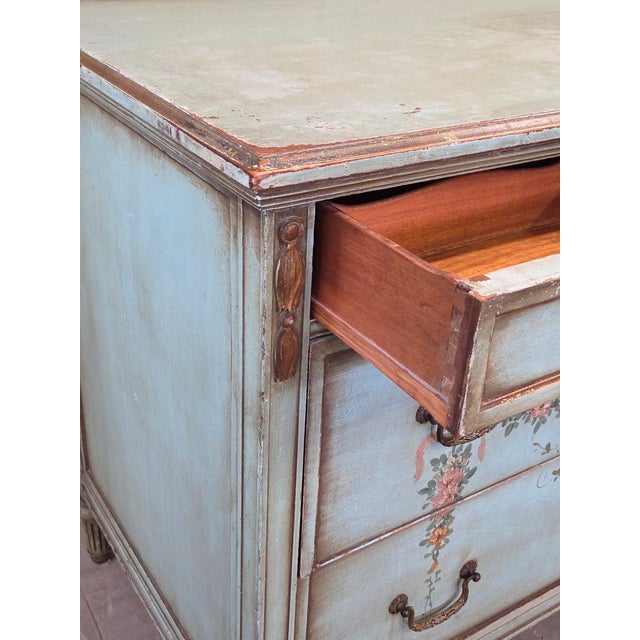 Aqua Antique French Floral Painted Mahogany Dresser With Matching Mirror For Sale - Image 8 of 18