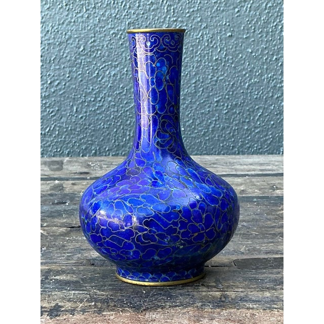 Metal Vintage Cloisinee Blue Bud Vase For Sale - Image 7 of 12