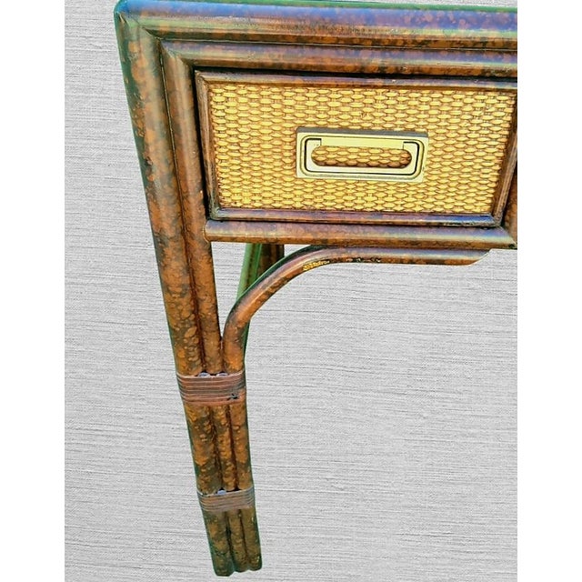 Vintage Cane Tortoiseshell 2 Drawer Campaign British Colonial Black Plexi Glass Top Writing Desk For Sale - Image 9 of 13