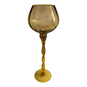 Vintage Optic Amber Glass Twisted Stem Pedestal Vase