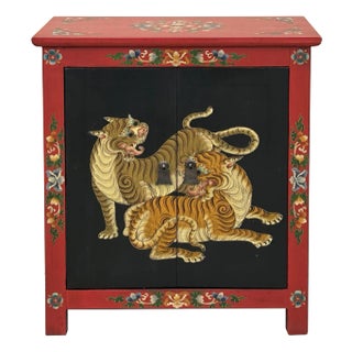 Tibetan Oriental Black Red Tigers Graphic End Table Nightstand For Sale