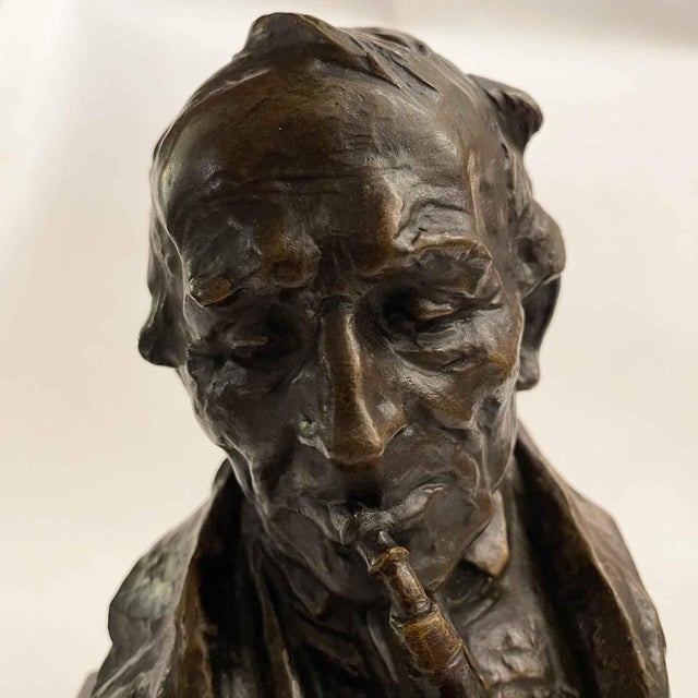 Hans Muller, Bust of a Man with a Pipe, 1890s, Bronze and Marble For Sale - Image 5 of 8