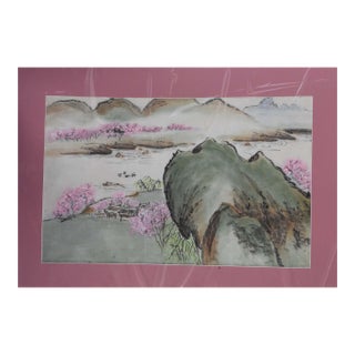 1990s Serenity Among the Blossoms: East Asian Landscape Watercolor For Sale