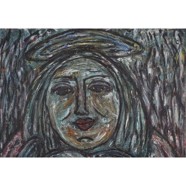 Original Bay Area Figurative of Mother and Baby in Oil Paint on Laid Paper Original oil painting depicting a modern twist...