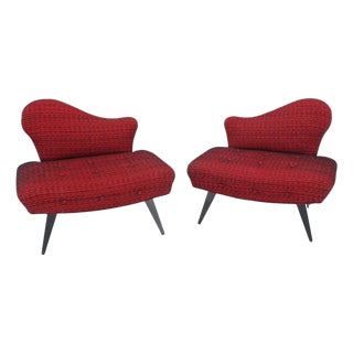 Pair Red Upholstery Mid Century Modern Fireside Slipper Lounge Chairs Camel Back For Sale