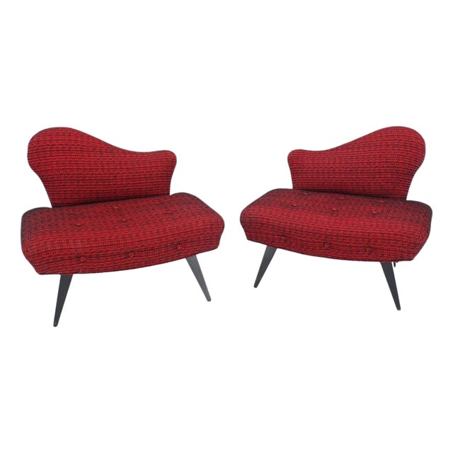 Pair Red Upholstery Mid Century Modern Fireside Slipper Lounge Chairs Camel Back For Sale