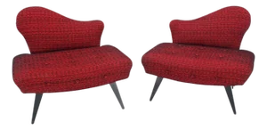 Pair Red Upholstery Mid Century Modern Fireside Slipper Lounge Chairs Camel Back