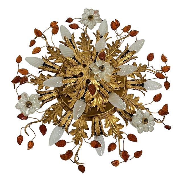 Large 15-Light Ceiling Lamp in Gold-Plated Wrought Iron and Colored Crystals from Banci Firenze, 1980s For Sale