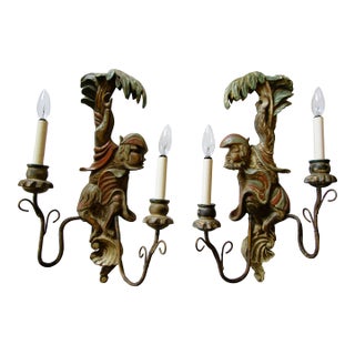 Opposing Pair of Polychrome Hand Carved Wood and Iron Monkey Wall Sconces C 1920 For Sale