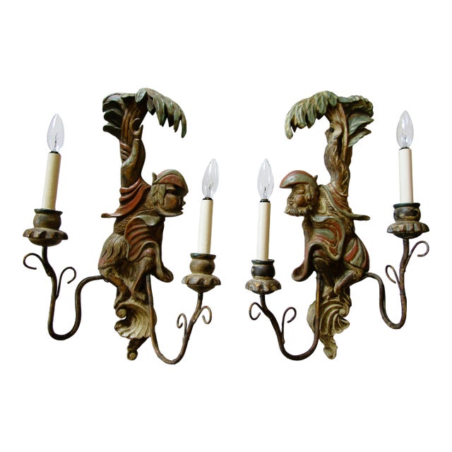 Opposing Pair of Polychrome Hand Carved Wood and Iron Monkey Wall Sconces C 1920 For Sale