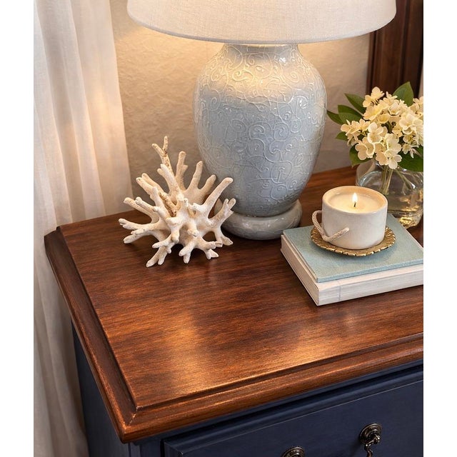 Late 20th Century Pair of Solid Wood Navy Blue Nightstands With Carved Shell Drawer & Walnut Tops For Sale - Image 11 of 12