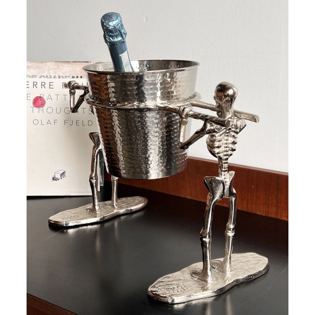 Metal Macabre Chrome Metal Champagne Ice Bucket With Skeleton Pallbearers For Sale - Image 7 of 9