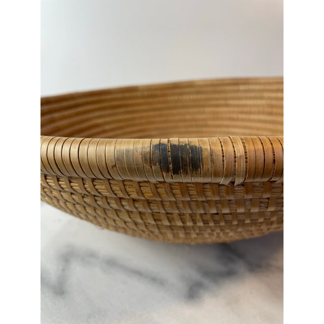 Wood Late 20th Century Handwoven Coiled Rattan Shallow Basket Bowl Natural Fiber Boho & Coastal Decor For Sale - Image 7 of 9