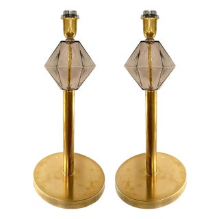 Italian Fumè Murano Glass Table Lamps with Unlaquered Brass by Simoeng, Set of 2 For Sale
