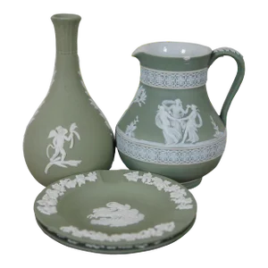 Vintage Wedgwood Sage Green Jasperware Bas Relief Pitcher, Vase & Ashtray Dish- 4 Pieces
