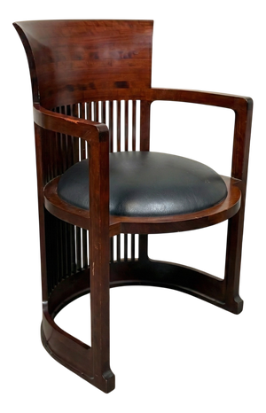 Barrel Chair in Wood and Black Leather by Frank Lloyd Wright for Cassina, 1940s