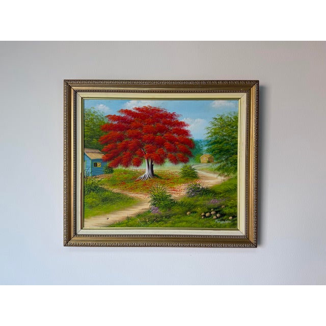 Abstract 2000’s Francisco Lopez “Framboyan Tree” Countryside Landscape Oil on Canvas Painting, Wood Framed For Sale - Image 3 of 12