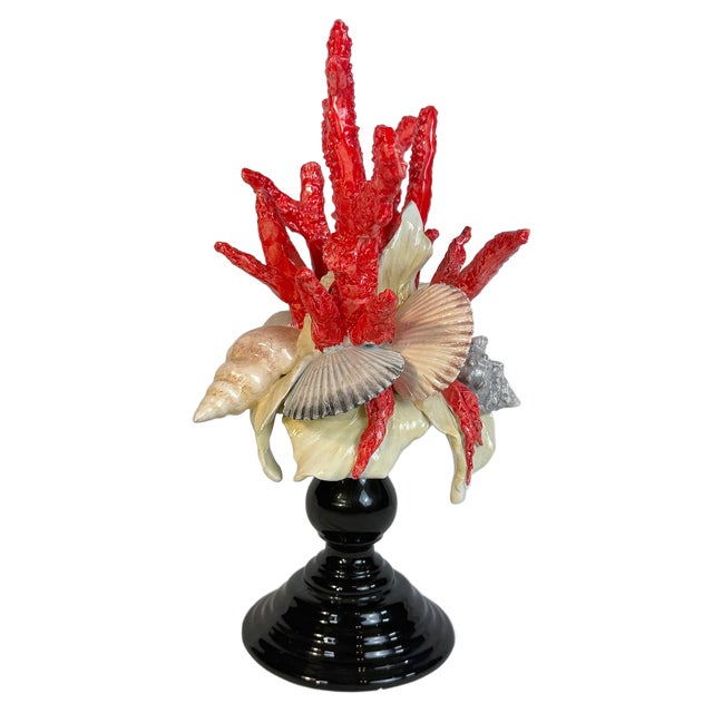 This is a whimsically over-the-top Italian majolica sea shell topiary style figural. This piece features a vivid red coral...