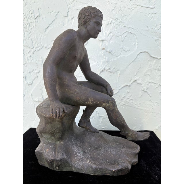 Neoclassical Early 20th Century Neoclassical Spelter Sculpture of a Seated Nude Youth For Sale - Image 3 of 11