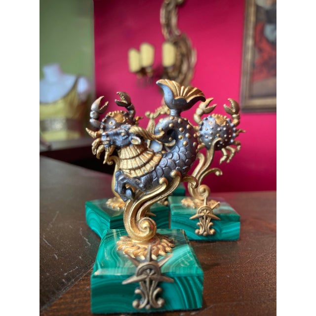 Mid-Century Modern Vintage Italian Gilt 800 Silver Zodiac Place Card Holders with Malachite Bases, 1950s, Set of 4 For Sale - Image 3 of 10