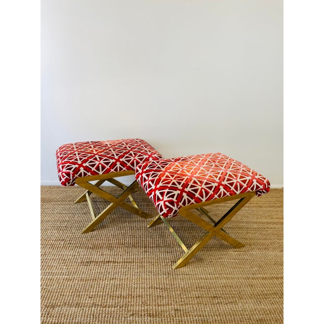 1970s Vintage 1970s Pair of Brass X Base Weiman / Warren Lloyd Mastercraft Geometric Velvet Upholstered Stools Ottomans For Sale - Image 5 of 18