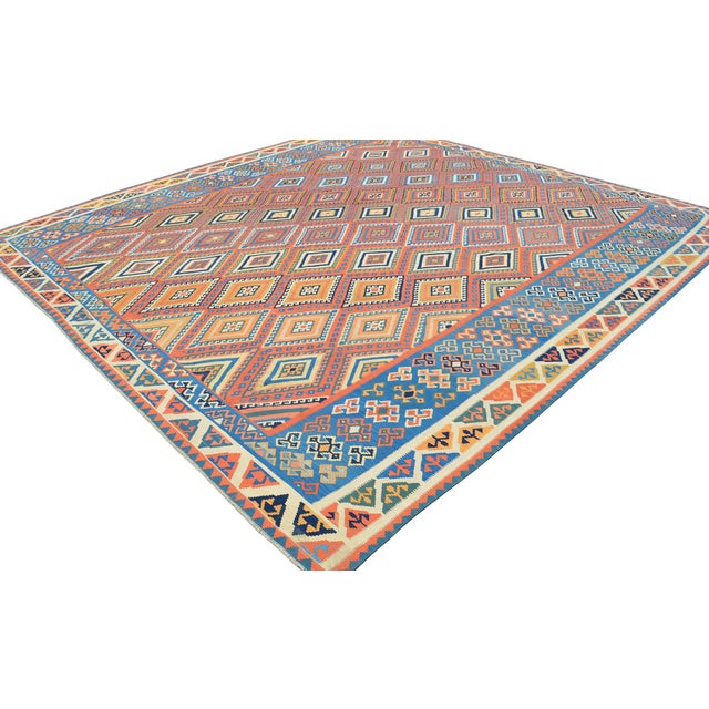 Massive Square Kilim Rug 14x15 Ft, Antique Style Turkish Flatweave, Terracotta & Denim Blue Tribal Rug, Organic Wool Rustic Farmhouse Decor For Sale - Image 9 of 16