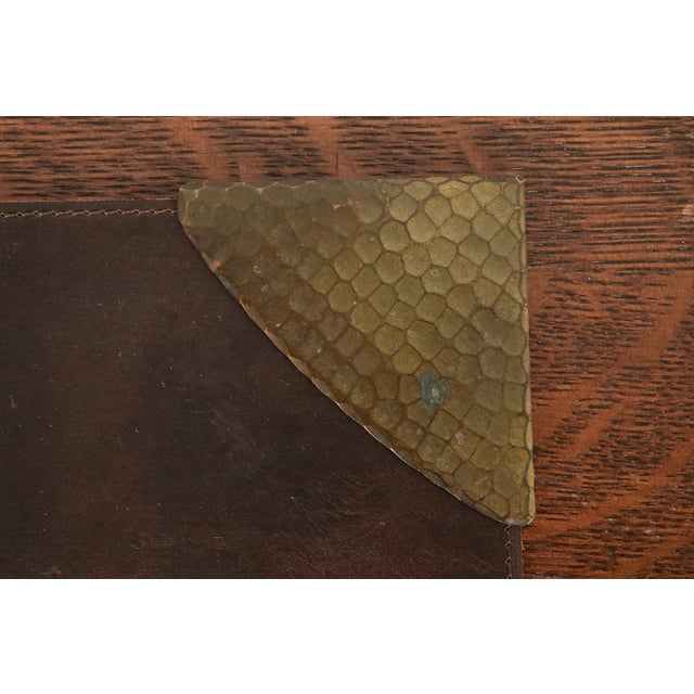 Roycroft Arts & Crafts Brass Finished Hammered Copper Blotter Corners With Leather Desk Blotter For Sale In South Bend - Image 6 of 13