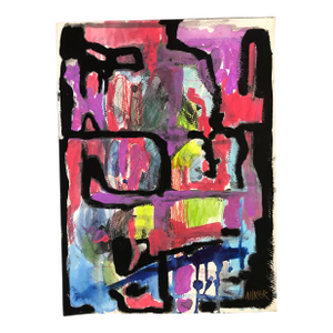 Abstract Mixed Media Painting on Watercolor Paper “Untitled With Pink and Black” by CL Auker