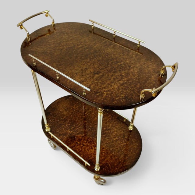 Mid-Century Modern Italian Serving Trolley Bar Cart in Lacquered Goatskin Parchment, 1960s For Sale - Image 9 of 18
