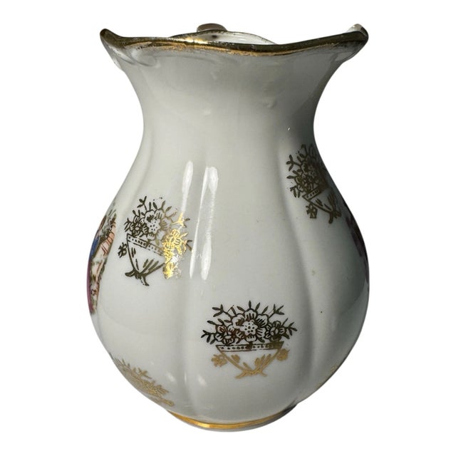 Ceramic Vintage Japan Creamer and Saucer Courting Couple Victorian Scene Gold Gilt For Sale - Image 7 of 13