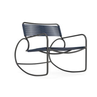 Brown Jordan Walter Lamb Rocking Chair, Textured Pewter frame with Marine fabric For Sale