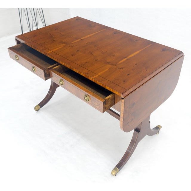 Yew Wood Drop Leaves Two Drawers Low Profile Brass Feet Desk Console Table MINT For Sale - Image 12 of 18