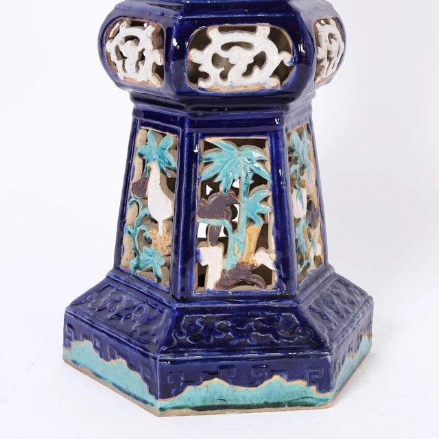 Navy Blue Near Pair of Chinese Glazed Terra Cotta Pedestals For Sale - Image 8 of 8